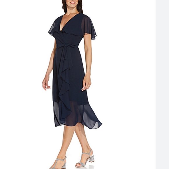 ADRIANA PAPELL Navy Crepe & Chiffon Midi Dress - Picture 2 of 7